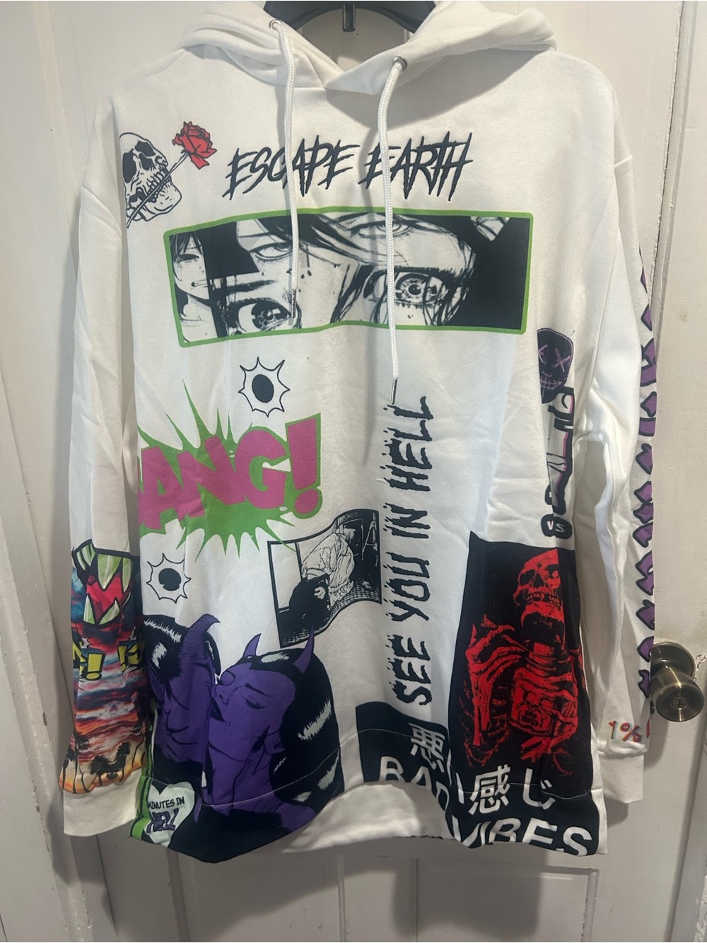 Graphic Anime Panel Hoodie - White with Neon Accents